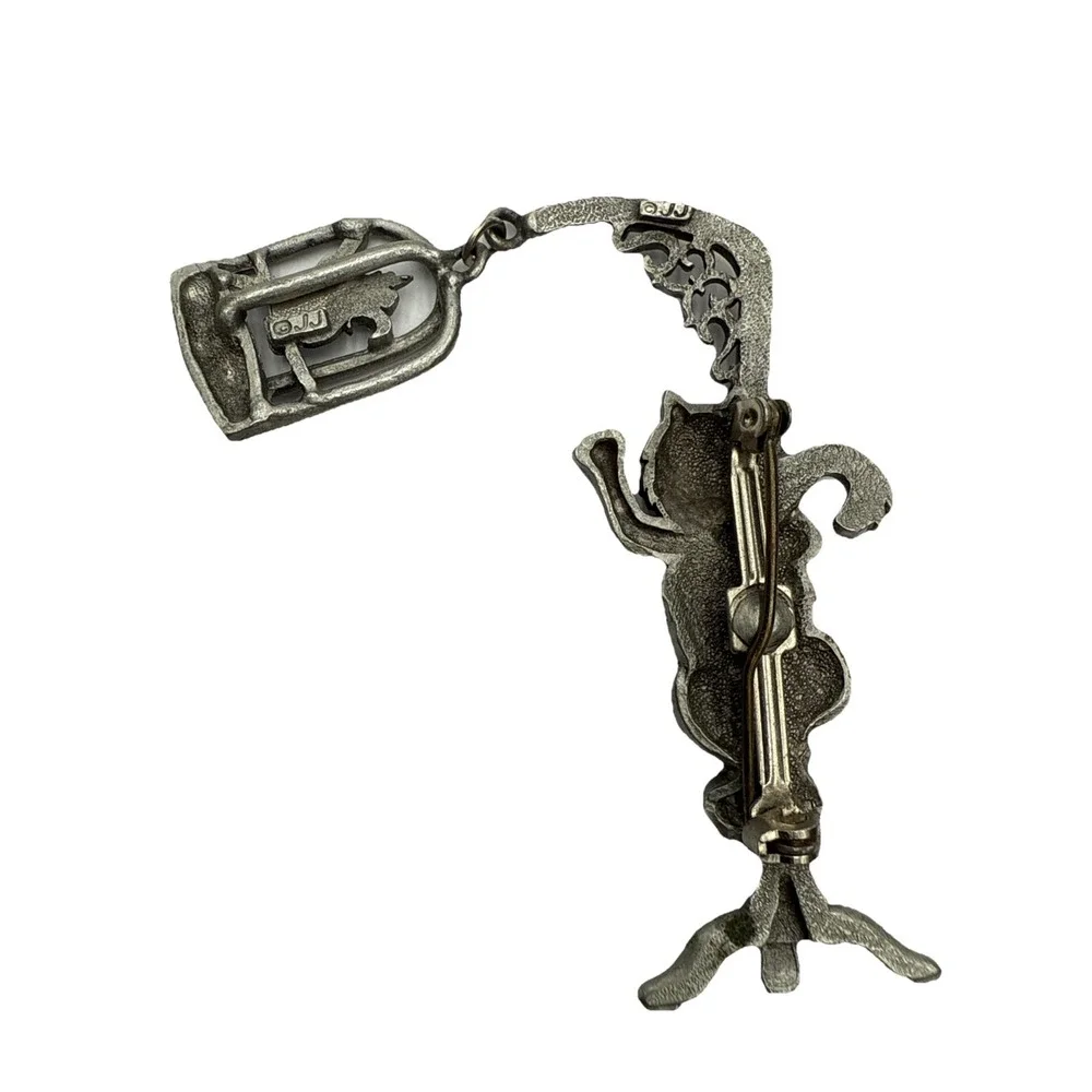 Vintage JJ Pewter Cat And Articulated Bird Cage Brooch Pin Jonette‎ Jewelry